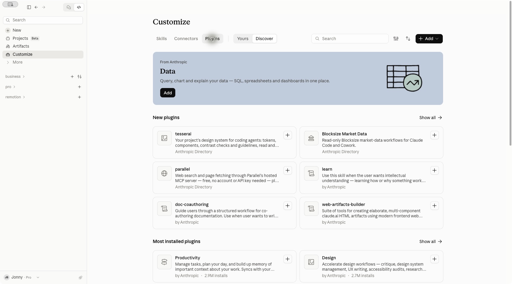 Claude desktop with Customize open and Plugins and Discover selected